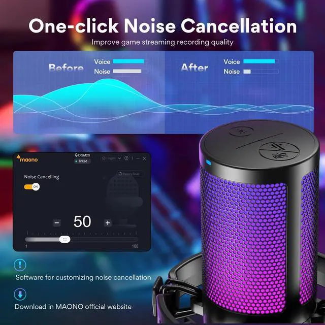 Alt view image 2 of 5 - MAONO USB Gaming Microphone for PC, Noise Cancellation Condenser Mic with RGB Lights, Mute, Gain for Streaming, Recording, Podcast, Chat, Twitch, YouTube, Discord, Computer, PS5, PS4, GamerWave