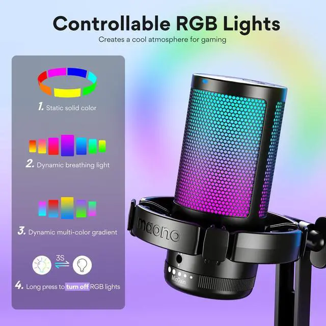 Alt view image 4 of 5 - MAONO USB Gaming Microphone for PC, Noise Cancellation Condenser Mic with RGB Lights, Mute, Gain for Streaming, Recording, Podcast, Chat, Twitch, YouTube, Discord, Computer, PS5, PS4, GamerWave
