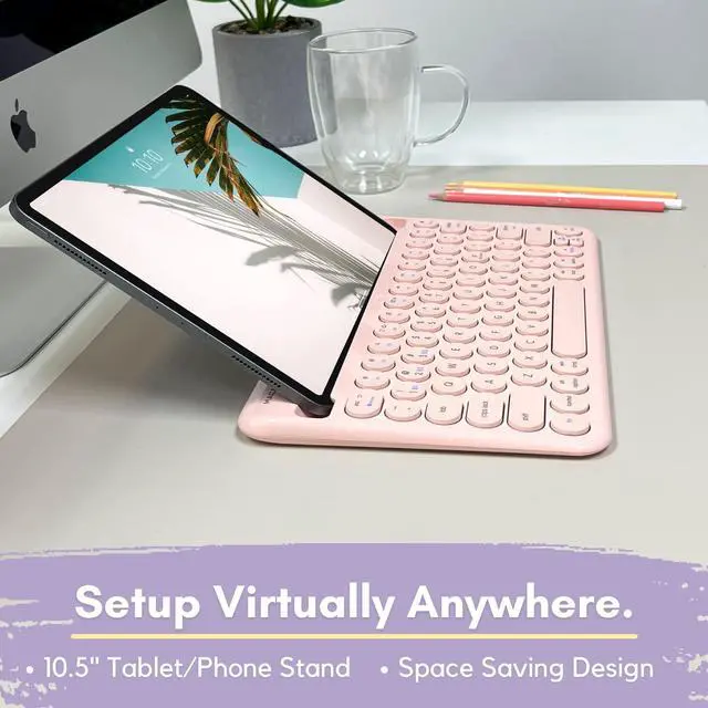 Alt view image 4 of 5 - Macally Bluetooth Keyboard for Tablet | Wireless Keyboard for iPad Mini/Air/Mini, iPhone (Multi-Device, Built-in Stand, Rechargeable) Easy to Use and Cute Portable