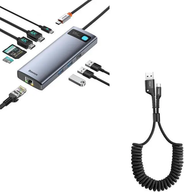 Main image of Baseus 9 in 1 Laptop Docking Station and Baseus USB Type C Cable for Car, Retractable Cable(3FT) Curly USB A to USB-C Fast Charger Cord