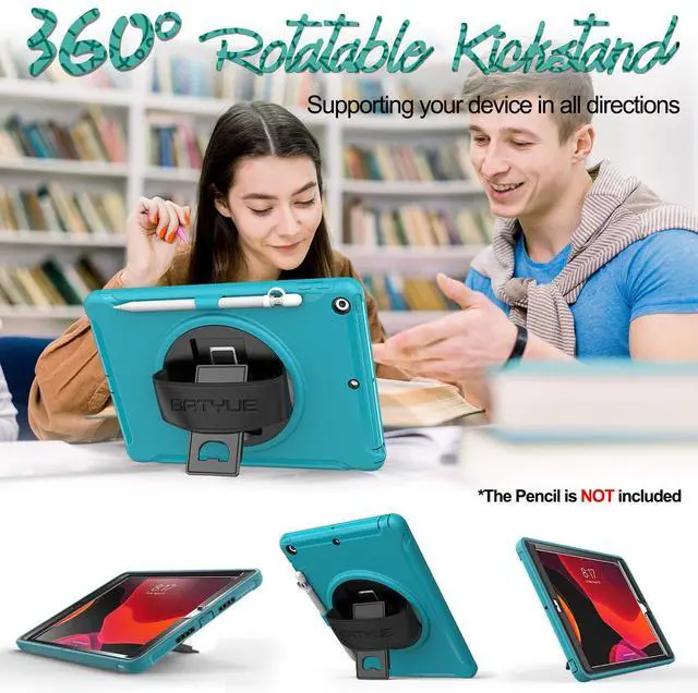 Alt view image 4 of 5 - BATYUE Case for iPad 9th/ 8th/ 7th Generation (iPad 10.2 inch Case 2021/2020/2019) with Screen Protector, Rotating Stand, Hand Strap, Pencil Holder (Light Blue)