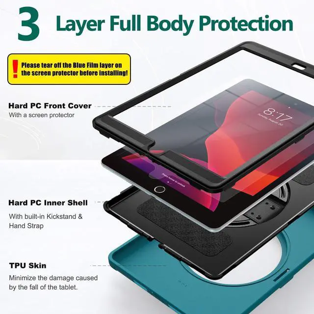 Alt view image 5 of 5 - BATYUE Case for iPad 9th/ 8th/ 7th Generation (iPad 10.2 inch Case 2021/2020/2019) with Screen Protector, Rotating Stand, Hand Strap, Pencil Holder (Light Blue)