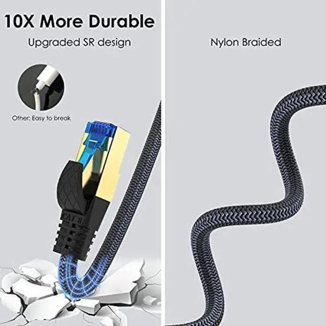Alt view image 3 of 5 - Ciwoda Cat 8 Ethernet Cable 100ft, Outdoor, Indoor Nylon Braided Cat 8 Cable, Heavy Duty 26AWG 40Gbps, 2000MHz, S/FTP Patch Cord for Xbox, POE, PS5, Router