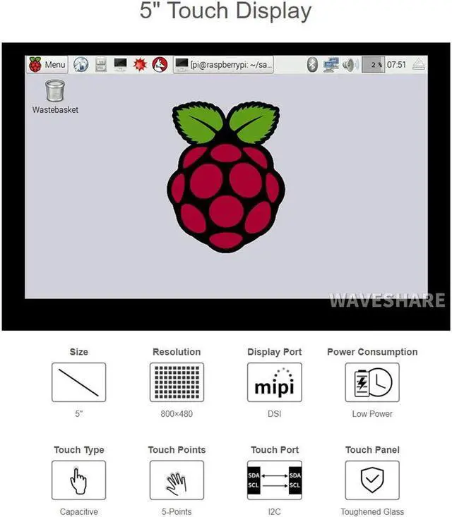 Alt view image 3 of 5 - 5 Inch DSI Touchscreen for Raspberry Pi, 800×480 Capacitive LCD Display, Driver-Free, 5-Point Touch, for Pi 5/4/3B+/CM4, Supports Raspberry Pi OS, Ubuntu, Retropie, RoPieee
