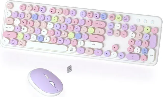 Main image of Colorful Wireless Keyboard and Mouse Combo, COVEVA 2.4GHz Wireless Retro Cute Round Keycaps Keyboard, 104 Keys Full-Sized Keyboard Mouse Set with Switch Button for PC Laptop Desktop (White Colorful)