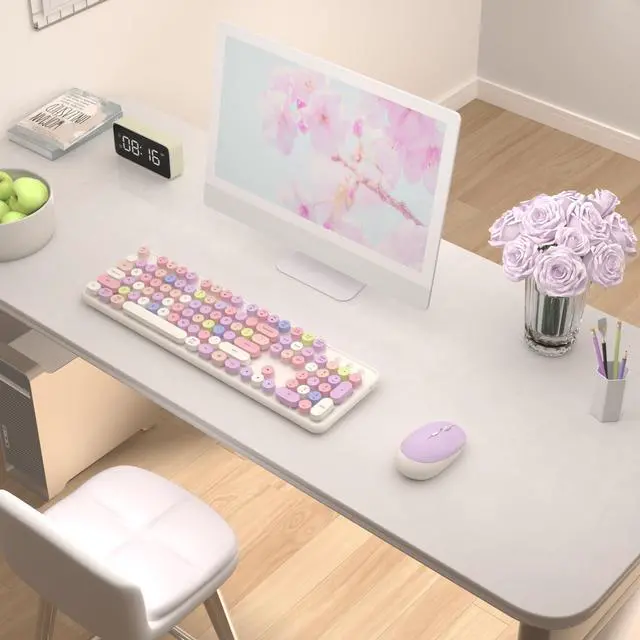 Alt view image 2 of 5 - Colorful Wireless Keyboard and Mouse Combo, COVEVA 2.4GHz Wireless Retro Cute Round Keycaps Keyboard, 104 Keys Full-Sized Keyboard Mouse Set with Switch Button for PC Laptop Desktop (White Colorful)