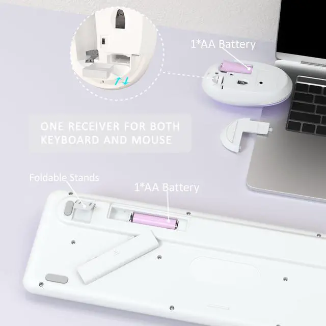 Alt view image 5 of 5 - Colorful Wireless Keyboard and Mouse Combo, COVEVA 2.4GHz Wireless Retro Cute Round Keycaps Keyboard, 104 Keys Full-Sized Keyboard Mouse Set with Switch Button for PC Laptop Desktop (White Colorful)