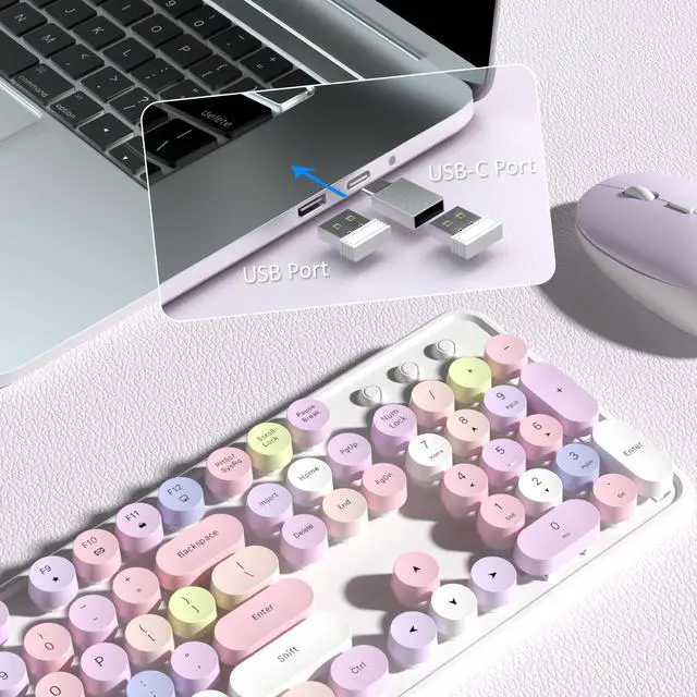 Alt view image 4 of 5 - Colorful Wireless Keyboard and Mouse Combo, COVEVA 2.4GHz Wireless Retro Cute Round Keycaps Keyboard, 104 Keys Full-Sized Keyboard Mouse Set with Switch Button for PC Laptop Desktop (White Colorful)