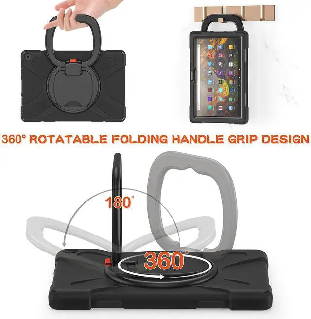 Alt view image 5 of 5 - All-New Fire HD 10 & Fire HD 10 Plus Tablet case for Kids(2021 Release,11th Generation),Heavy Sturdy Shockproof Kids Case,Rotating Stand/Carrying Strap, Black+Black