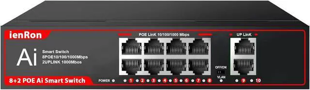 Main image of 10 Port Gigabit PoE Switch, 120W, IEEE 802.3af/at Compliant, 20Gbps Backplane, Plug & Play with VLAN and Lightning Protection, Fanless Design for IP Cameras and Wireless Aps,Network Monitoring