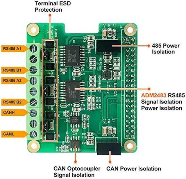 Alt view image 2 of 5 - RS485 CAN HAT for Raspberry Pi Via SPI Onboard 1 x CAN Bus MCP2515 Transceiver 2 x RS485 Bus SC16IS1752, Signal and Power Isolated, ESD Protection Port, Stable Long-Distance Communication Module