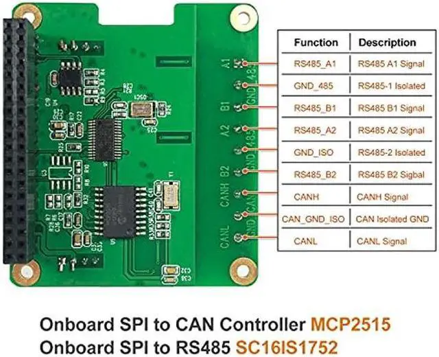 Alt view image 3 of 5 - RS485 CAN HAT for Raspberry Pi Via SPI Onboard 1 x CAN Bus MCP2515 Transceiver 2 x RS485 Bus SC16IS1752, Signal and Power Isolated, ESD Protection Port, Stable Long-Distance Communication Module