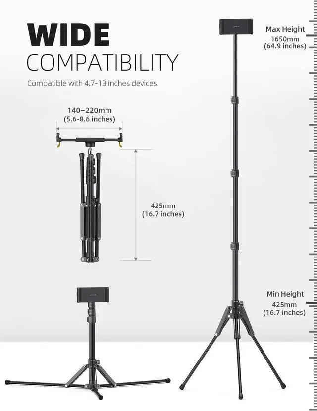 Alt view image 5 of 5 - Lamicall Tablet Floor Tripod Stand - 64.9" Tablet Holder Mount with Adjustable Height for Stream/Watching with Bluetooth Remote, for iPad Pro 12.9, Mini, Air, iPhone and 4.7-13" Tablet and Cellphone