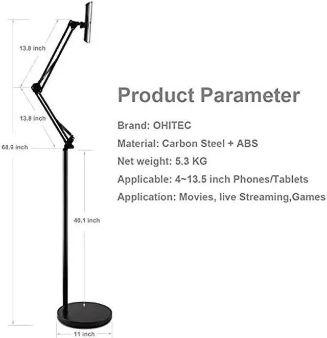 Alt view image 3 of 5 - OHITEC Heavy Duty Phone/Tablet Metal Holder Universal Mobile Cell Smartphone Mount Lazy Bracket 360deg Rotation Gooseneck Clamp Stand Flexible Long Arm (Black, 5.7 feet)