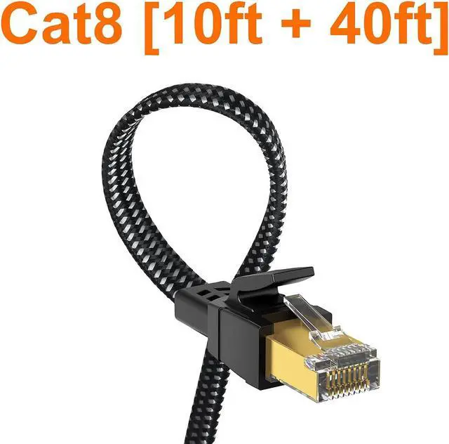 Main image of Cat 8 Ethernet Cable(10ft + 40ft), 26AWG Nylon Braided High Speed Heavy Duty Cat8 Network LAN Patch Cord, 40Gbps 2000Mhz SFTP RJ45 Flat Cable Shielded in Wall, Indoor&Outdoor for Modem/Router/Gaming