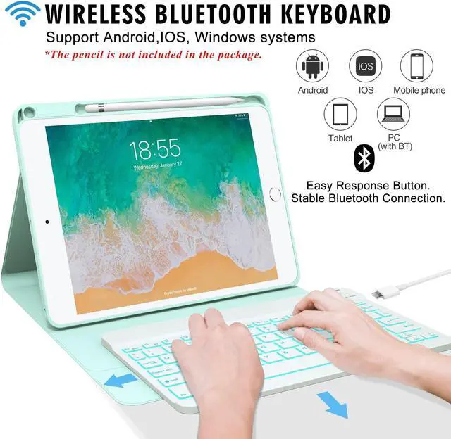 Alt view image 3 of 5 - Keyboard case for iPad 5th/6th Generation 2017/2018, 9.7 Inch iPad Air 2 Case with Keyboard, Removable Wireless Backlit Keyboard Detachable, Folio Smart Cover, Tablet Case with Pencil Holder