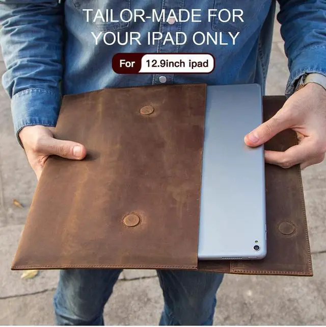Alt view image 3 of 5 - Genuine Leather iPad Sleeve 12.9, Handmade Tablet Sleeves w/Magnetic Button for iPad Pro 12.9" / New iPad Air / 11 inch iPad Pro, Best Gift for Men