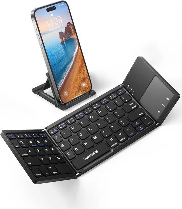 Main image of Samsers Foldable Bluetooth Keyboard with Touchpad - Portable Wireless Keyboard with Holder, Rechargeable Full Size Ultra Slim Pocket Folding Keyboards for Android Windows iOS Tablet & Laptop - Black