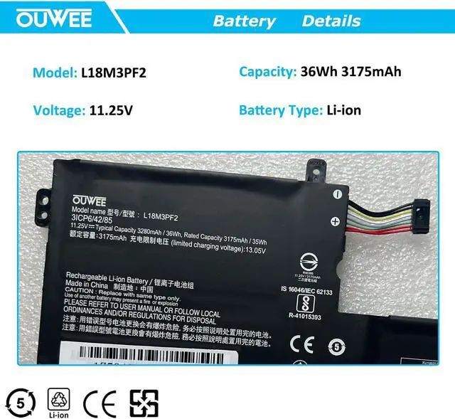 Alt view image 2 of 5 - OUWEE L18M3PF2 Laptop Battery Compatible with Lenovo Ideapad L3-15IML05 L340-15API L340-15IWL L340-17API L340-17IWL L340-15IWL/L340-15API Touch Series 5B10W67198 L18D3PF1 L18C3PF2 L18L3PF1 11.25V 36Wh