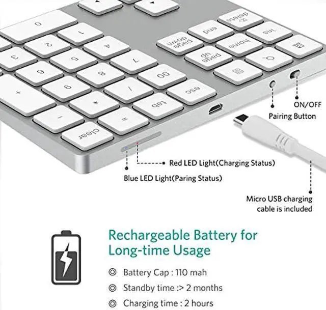 Alt view image 3 of 5 - Bluetooth Number Pad Aluminum Rechargeable Wireless Numeric Keypad Slim 34-Keys External Numpad Keyboard Data Entry Compatible for Laptops, PC, Desktop, Computers, ETC (Silver)
