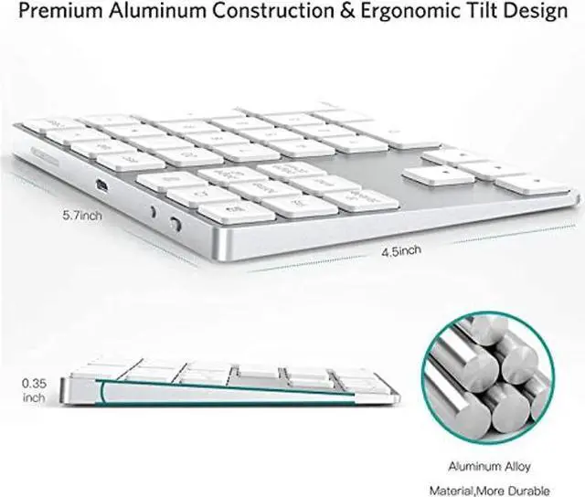 Alt view image 4 of 5 - Bluetooth Number Pad Aluminum Rechargeable Wireless Numeric Keypad Slim 34-Keys External Numpad Keyboard Data Entry Compatible for Laptops, PC, Desktop, Computers, ETC (Silver)