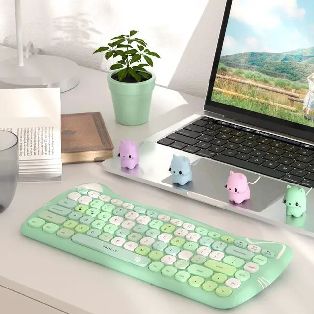 Alt view image 2 of 5 - UBOTIE Bluetooth Wireless Keyboards, Colorful Cute Cat Deisgn Office Keyboards, Portable Slim Compact Size for Laptop, Tablet, Smart Phones(Green-Colorful)
