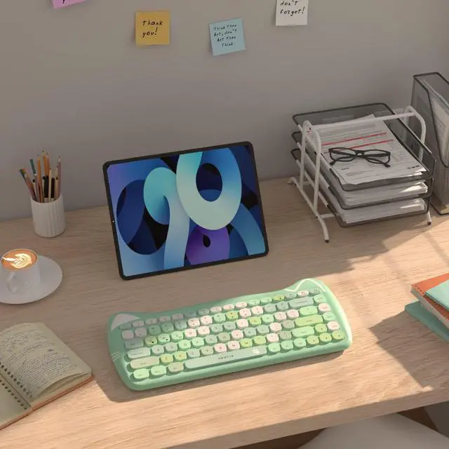 Alt view image 4 of 5 - UBOTIE Bluetooth Wireless Keyboards, Colorful Cute Cat Deisgn Office Keyboards, Portable Slim Compact Size for Laptop, Tablet, Smart Phones(Green-Colorful)