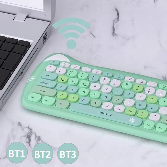 Alt view image 5 of 5 - UBOTIE Bluetooth Wireless Keyboards, Colorful Cute Cat Deisgn Office Keyboards, Portable Slim Compact Size for Laptop, Tablet, Smart Phones(Green-Colorful)