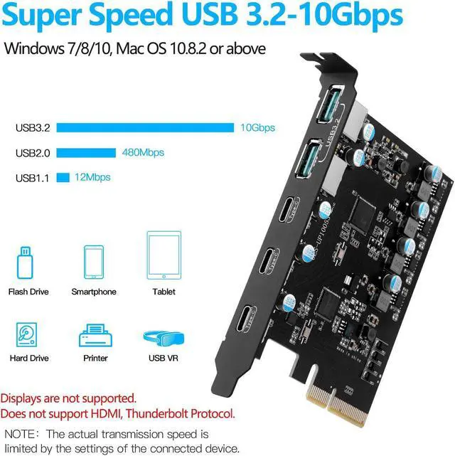 Alt view image 2 of 5 - PCIe to USB 3.2/USB 3.1 Gen 2 Card 10Gbps 5-Port (3X USB C -2X USB A) PCI Express Expansion Card PC Internal USB Hub for Windows 10/8/7 Linux and MAC OS 10.8.2 Above
