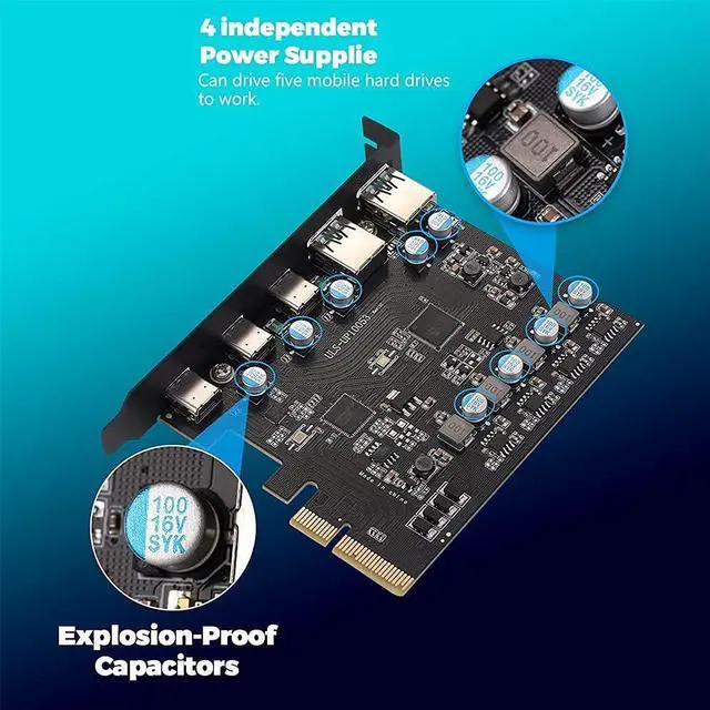 Alt view image 4 of 5 - PCIe to USB 3.2/USB 3.1 Gen 2 Card 10Gbps 5-Port (3X USB C -2X USB A) PCI Express Expansion Card PC Internal USB Hub for Windows 10/8/7 Linux and MAC OS 10.8.2 Above