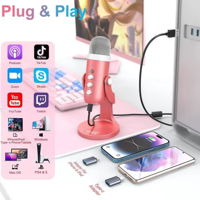 Alt view image 2 of 5 - ZealSound USB Microphone,Condenser Computer Mic,Plug&Play Gaming Microphones for PS 4&5.Headphone Output&Volume Control,Mic Gain Control,Mute Button,YouTube Podcast on Mac&Windows Pearlescent Pink