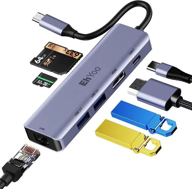 Main image of USB C Hub Multiport Adapter,EhYoo 7 Port USB-C Hub with 4K/HD 60Hz, RJ45 Ethernet, 60W PD, SD/TF Card Slots, 2X USB 3.0 5Gbps Data Ports, for ROG Ally, iPhone, iPad, Switch, Steam Deck