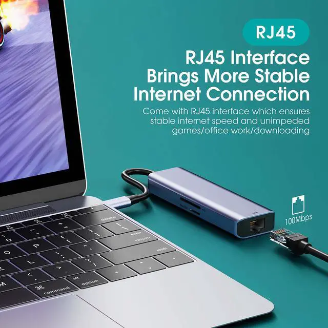 Alt view image 4 of 5 - USB C Hub Multiport Adapter,EhYoo 7 Port USB-C Hub with 4K/HD 60Hz, RJ45 Ethernet, 60W PD, SD/TF Card Slots, 2X USB 3.0 5Gbps Data Ports, for ROG Ally, iPhone, iPad, Switch, Steam Deck