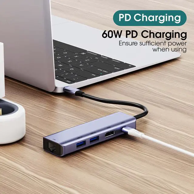 Alt view image 5 of 5 - USB C Hub Multiport Adapter,EhYoo 7 Port USB-C Hub with 4K/HD 60Hz, RJ45 Ethernet, 60W PD, SD/TF Card Slots, 2X USB 3.0 5Gbps Data Ports, for ROG Ally, iPhone, iPad, Switch, Steam Deck