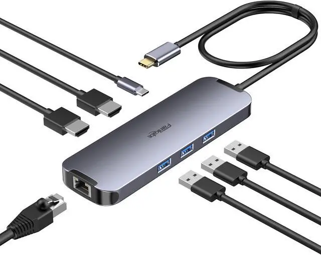 Main image of USB C Hub Docking Station Dual Monitor, USB C to 2 HDMI 4K 60Hz with Ethernet, 100W Charing and USB3.0, USB-C Hub Compatible for HP MacBook Pro Air, 2 HDMI Adapter Type C Laptop Docking Station
