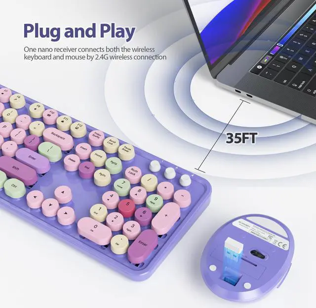 Alt view image 2 of 5 - Fogruaden Purple Keyboard and Mouse Wireless, Retro Typewriter Keyboard, 2.4GHz 104 Keys Full Size Cute Keyboard with Number Pad, Purple Colorful Keyboard with Round Keycap for Windows PC Laptop