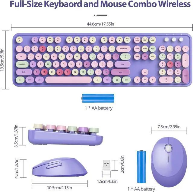 Alt view image 4 of 5 - Fogruaden Purple Keyboard and Mouse Wireless, Retro Typewriter Keyboard, 2.4GHz 104 Keys Full Size Cute Keyboard with Number Pad, Purple Colorful Keyboard with Round Keycap for Windows PC Laptop