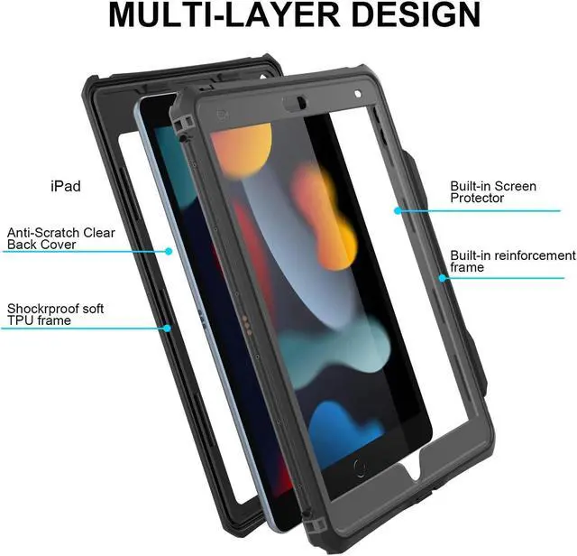 Alt view image 4 of 5 - Guirble for iPad 10.2" - iPad 9th 8th 7th Generation Waterproof Case,Full-Body Heavy Duty Protective Built-in Screen Protector with Strap Stand Pencil Holde for iPad 9th Generation Case