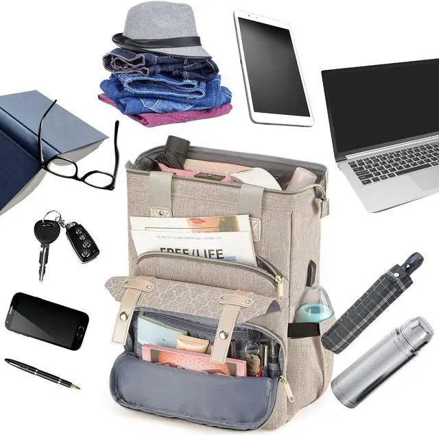 Alt view image 2 of 5 - Kuosdaz Backpack for Men Women, School Backpacks for Teens Boys Girls, 15.6 Inch Laptop Bookbag with USB Charging Port, Wide Open Large Backpack, Beige