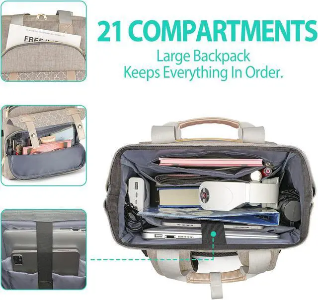 Alt view image 3 of 5 - Kuosdaz Backpack for Men Women, School Backpacks for Teens Boys Girls, 15.6 Inch Laptop Bookbag with USB Charging Port, Wide Open Large Backpack, Beige