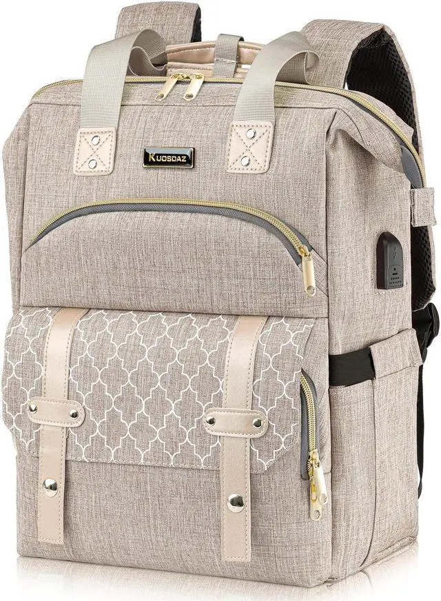 Main image of Kuosdaz Backpack for Men Women, School Backpacks for Teens Boys Girls, 15.6 Inch Laptop Bookbag with USB Charging Port, Wide Open Large Backpack, Beige