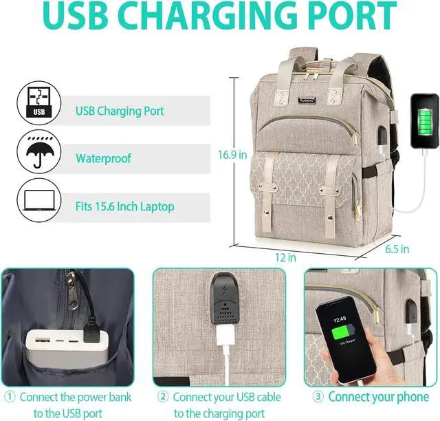 Alt view image 4 of 5 - Kuosdaz Backpack for Men Women, School Backpacks for Teens Boys Girls, 15.6 Inch Laptop Bookbag with USB Charging Port, Wide Open Large Backpack, Beige