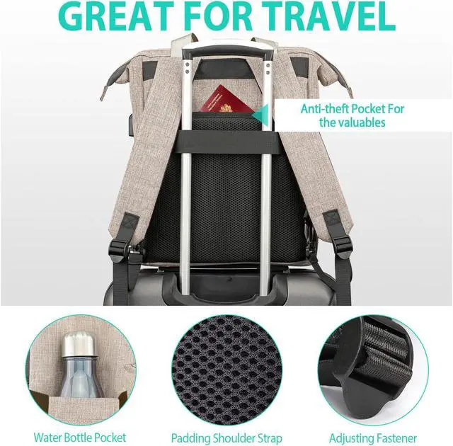 Alt view image 5 of 5 - Kuosdaz Backpack for Men Women, School Backpacks for Teens Boys Girls, 15.6 Inch Laptop Bookbag with USB Charging Port, Wide Open Large Backpack, Beige