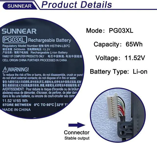 Alt view image 2 of 5 - SUNNEAR PG03XL 831758-005 Laptop Battery Replacement for HP Spectre X360 15 AP011DX 15-AP000 AP000NA AP000NF AP000NX Series Notebook 831532-421 HSTNN-LB7C 11.52V 65Wh 5430mAh (Tpye B)