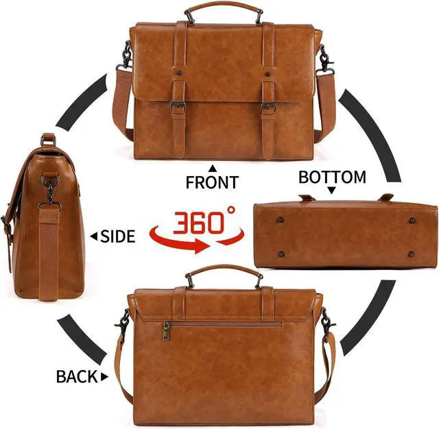Alt view image 4 of 5 - Mens Messenger Bag Vintage 15.6 Inch Waterproof Leather Laptop Briefcase Large Satchel Shoulder Bag Retro Office College Computer Bag, Brown
