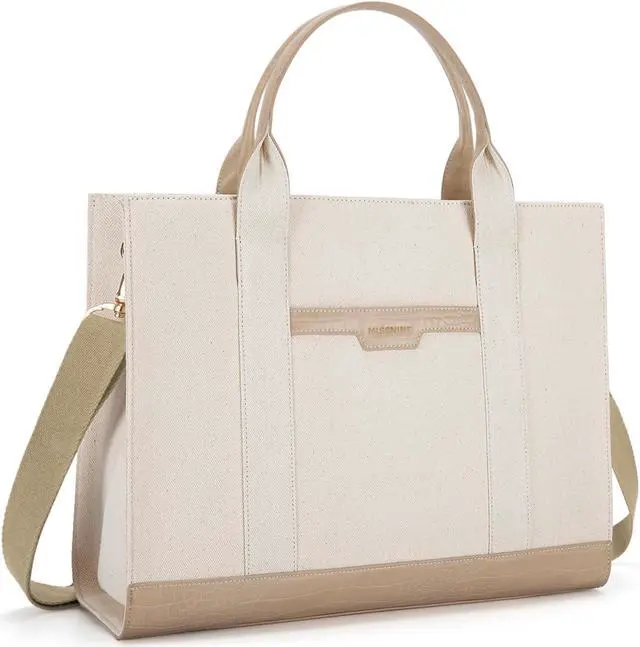 Main image of Missnine Tote Bag Canvas Laptop Bag 15.6 inch Briefcase for Women Large Capacity Handbag for Office, College, Travel (Croc-embossed Light Khaki)