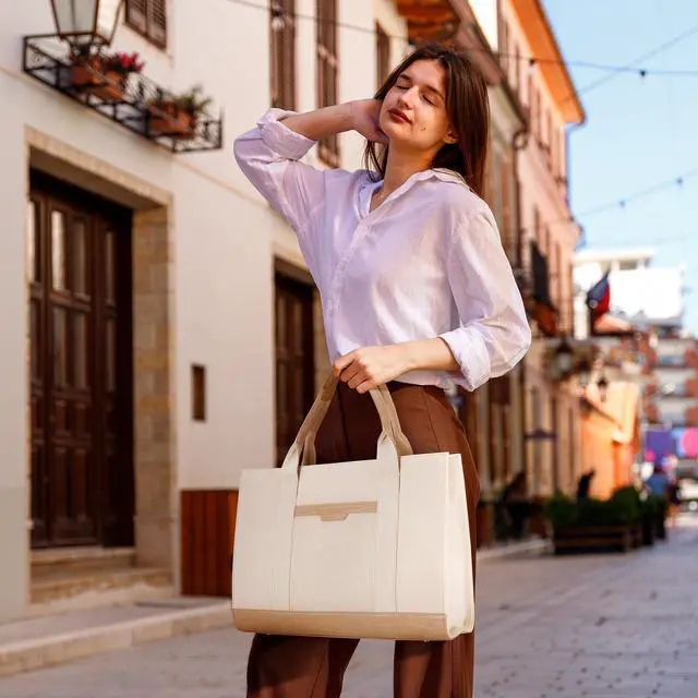 Alt view image 2 of 5 - Missnine Tote Bag Canvas Laptop Bag 15.6 inch Briefcase for Women Large Capacity Handbag for Office, College, Travel (Croc-embossed Light Khaki)