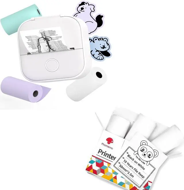 Main image of Phomemo T02 Printer Set with 3 Rolls Paper Inkeless Printer- Mini Printer Sticker Maker Bluetooth Thermal Pocket Printer for Study Notes, Stickers, Photos, DIY Printing, for Birthday, White