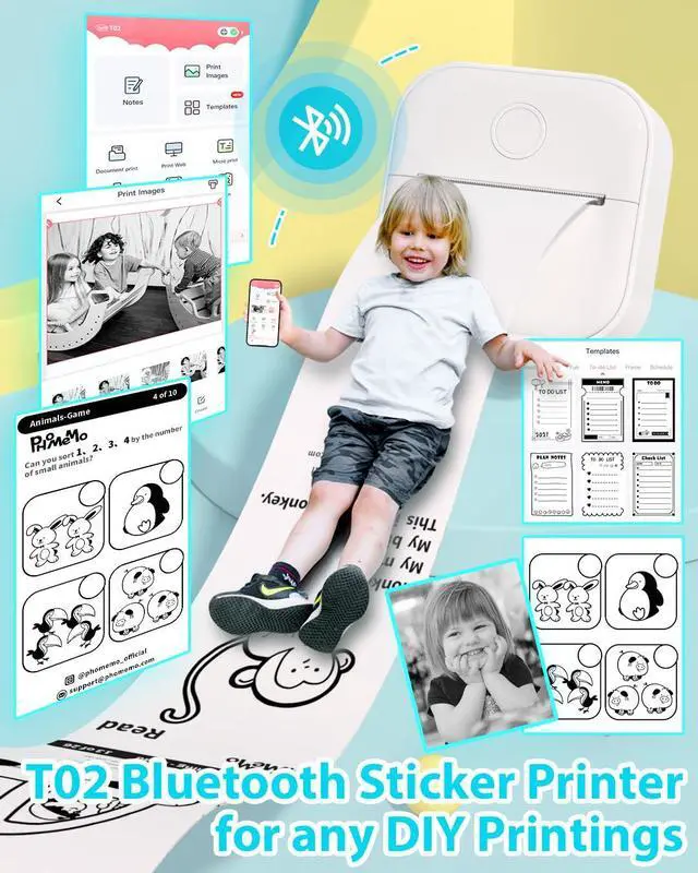 Alt view image 2 of 5 - Phomemo T02 Printer Set with 3 Rolls Paper Inkeless Printer- Mini Printer Sticker Maker Bluetooth Thermal Pocket Printer for Study Notes, Stickers, Photos, DIY Printing, for Birthday, White