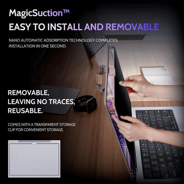 Alt view image 2 of 5 - Peslv Privacy Screen for MacBook Pro 16 Inch (2021-2024, M1, M2, M3, M4), MagicSuction Removable Anti Spy Black Protector, Glare Blue Light Filter for Mac Laptop Computer